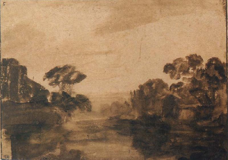 REMBRANDT Harmenszoon van Rijn River with Trees on its Embankment at Dusk Sweden oil painting art